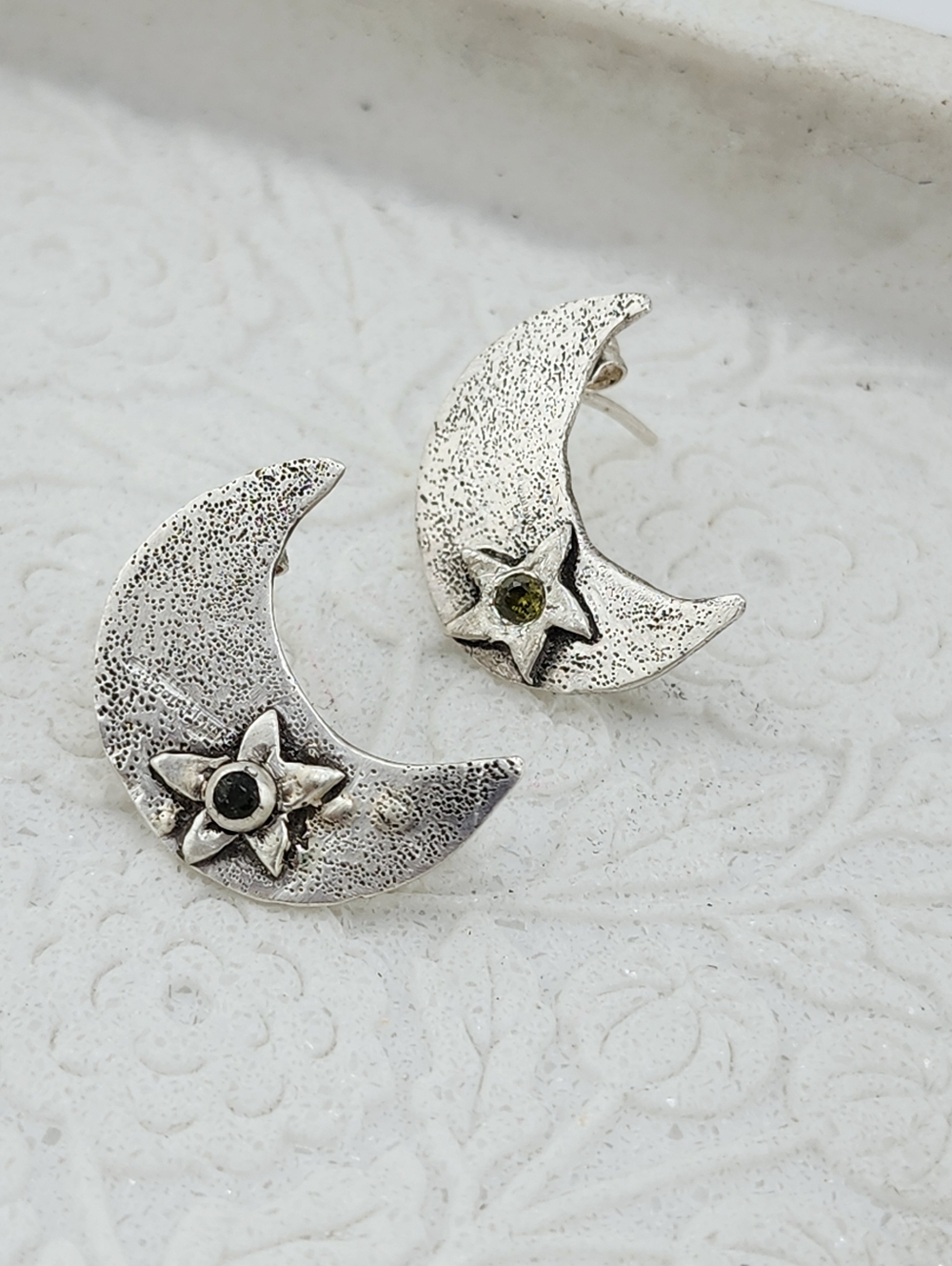 MOON STARS HANDMADE EARRINGS WITH CUBIC ZIRCONIA ABOUT 1.5" STERLING SILVER POST